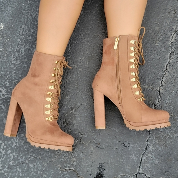 Taupe Lace up Platform Lug Sole Heeled Boots - Picture 6 of 7